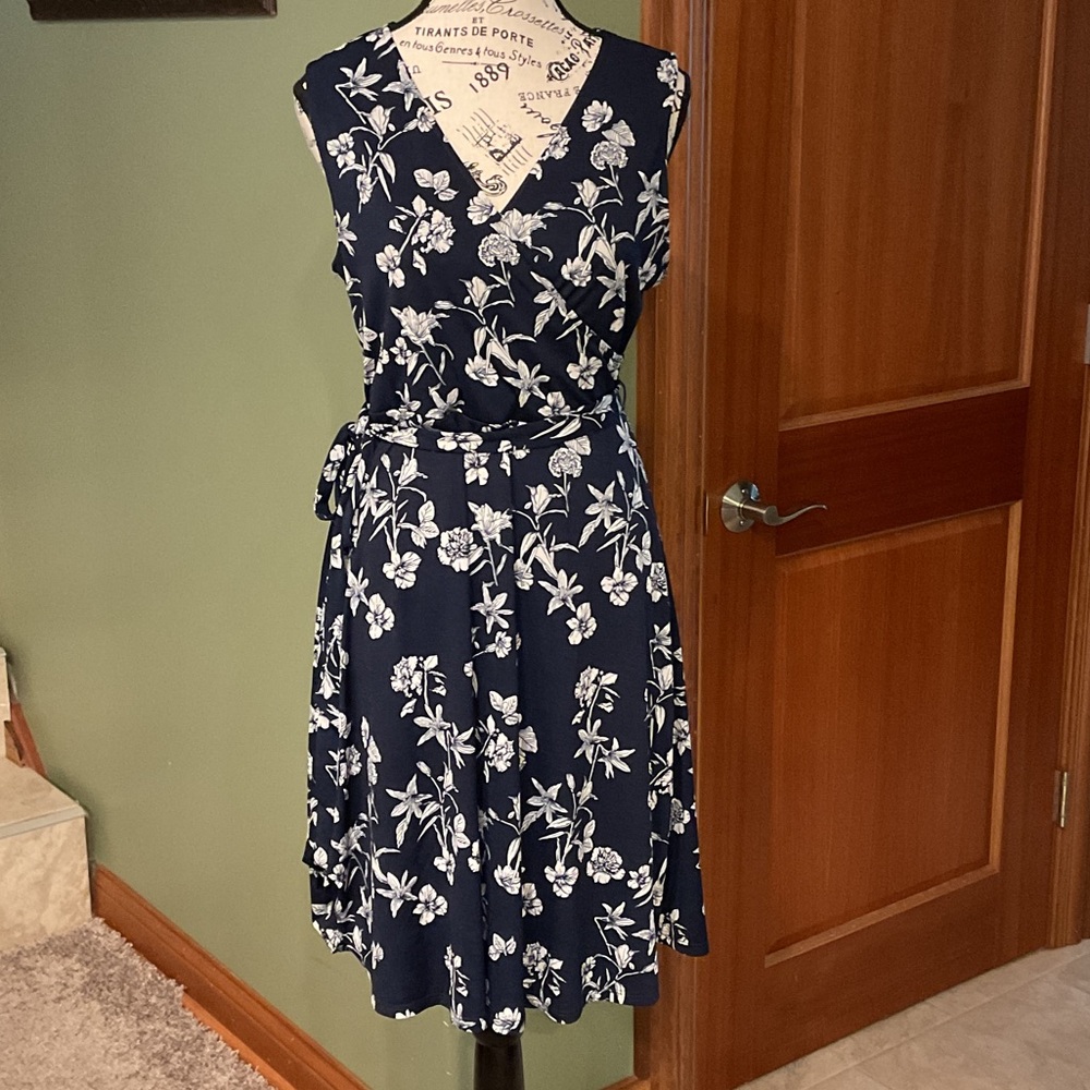Floral Navy Blue Wrap Dress, Size M